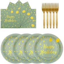 72 PCS Happy Birthday Party Tableware Set Sage Green and Gold Disposable Paper