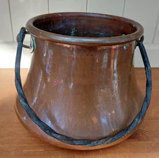 Antique copper cooking cauldron pot,  planter, wrought iron hanging handle