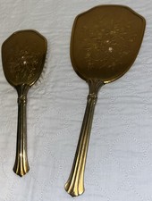 Vintage Brass Vanity Hair Brush  Handheld Mirror Set Gold Tone Floral Design