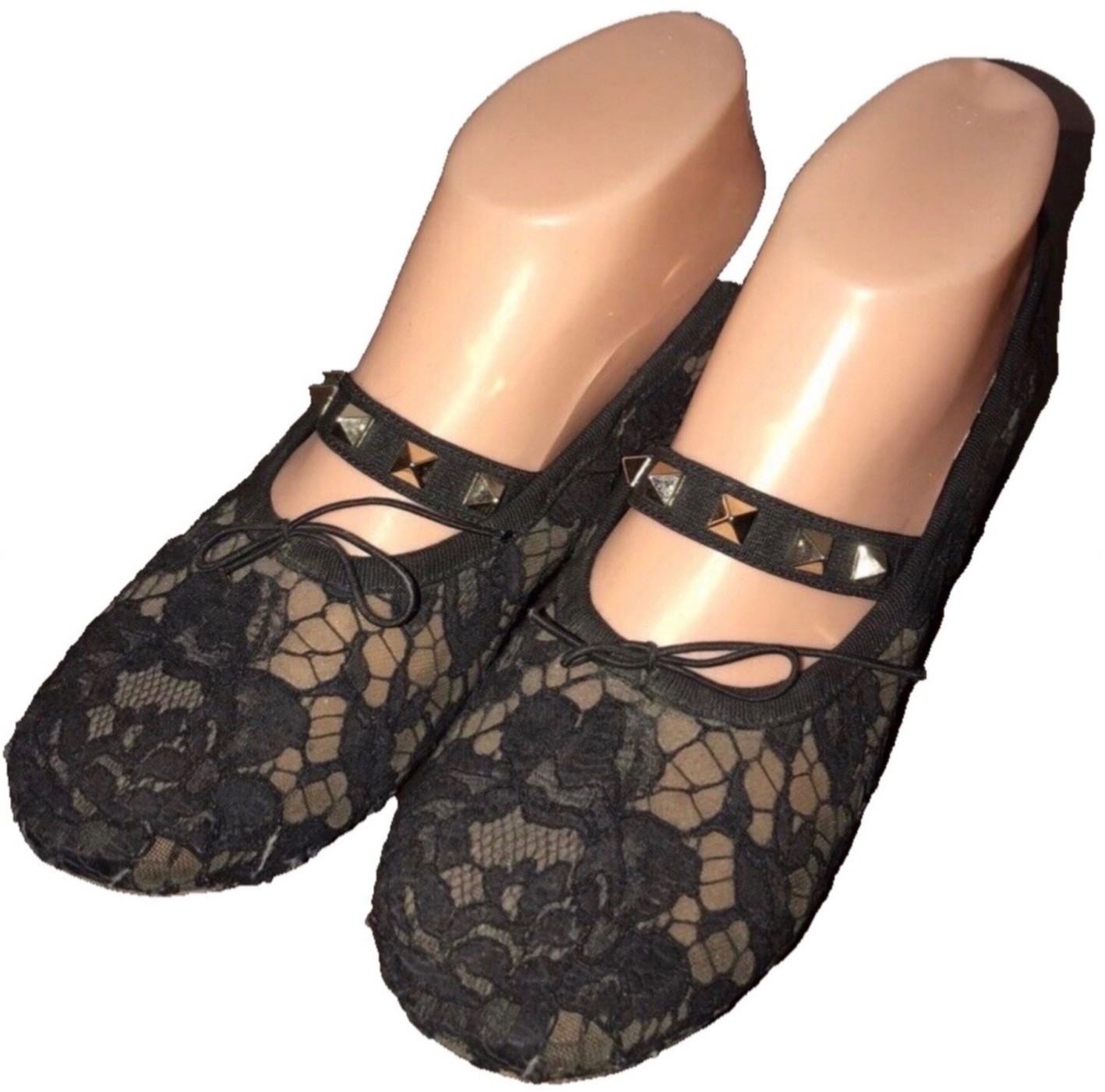 VALENTINO GARAVANI Lace Ballet Flat Shoe with RockStud & Bow BLACK Size 37 thumbnail 2