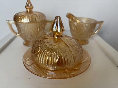 VTG Jeanette Iris & Herringbone Carnival Glass Marigold Cream & Sugar SET 3 PC