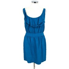 Loft Deep Peacock Blue Silk Ruffle Sleeveless A-Line Scoopneck Dress Size 8