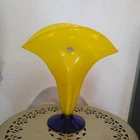 Vtg 2001 Richard Blenko Signed Handcraft Art Glass Yellow Cobalt Blue Fan Vase