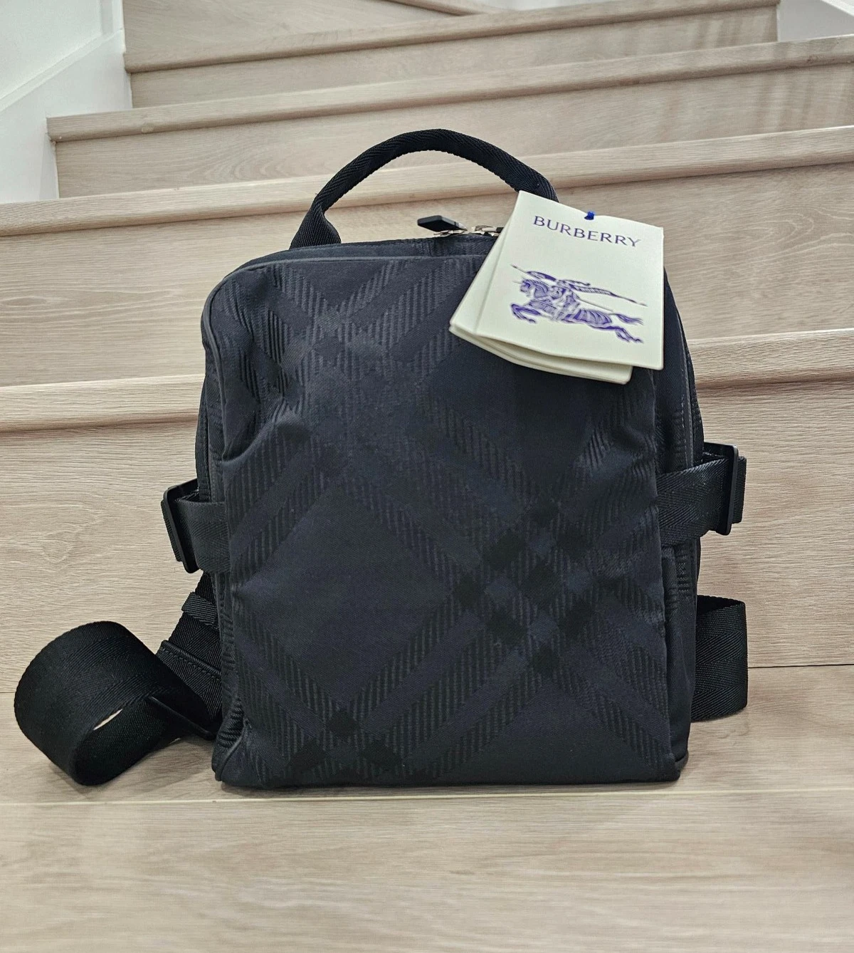 Burberry — Burberry 80809001 nylon check jacquard pattern shoulder bag in Black RRP$1990