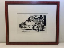 Original Woodblock Engraving Print Bull Framed Animal Illustration Artwork AP