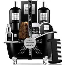 BEARD & BODY CARE GIFTS FOR MEN, SANDALWOOD SPA GIFT BASKET, MEN'S GROOMING KIT