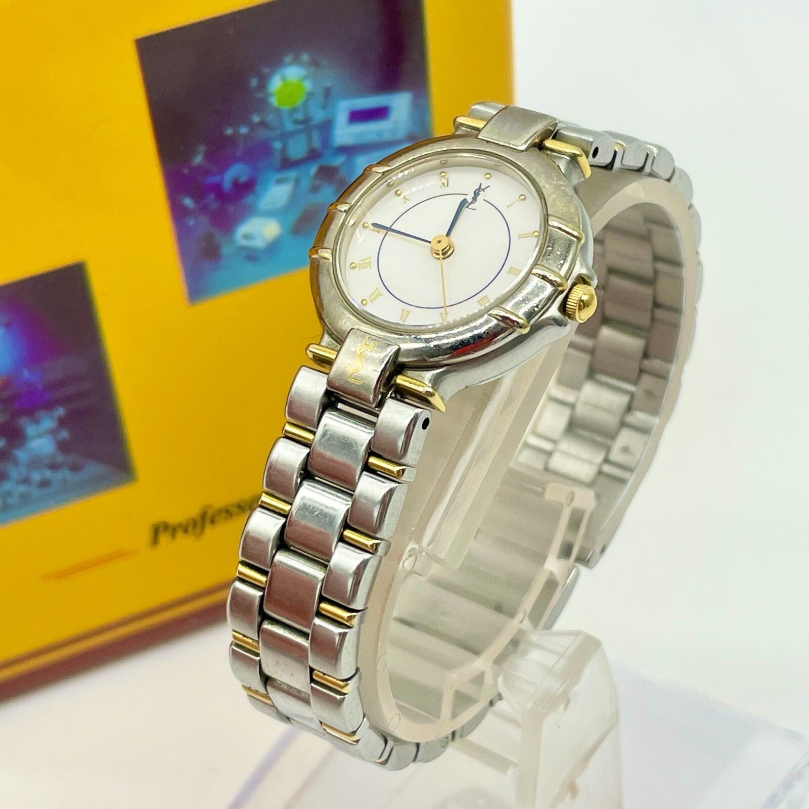 Orologio Yves Saint Laurent Quarzo Argento Oro Quadrante Bianco Donna YSL Vintage Autentico