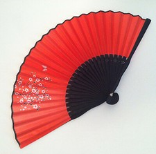 Bright red Color Japanese Hand Held Folding Fan Cherry Blossom Print Pattern