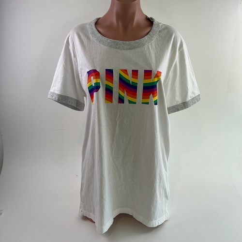 Victoria's Secret PINK Short Sleeve Crew Neck Rainbow Logo T-Shirt White M  NWT