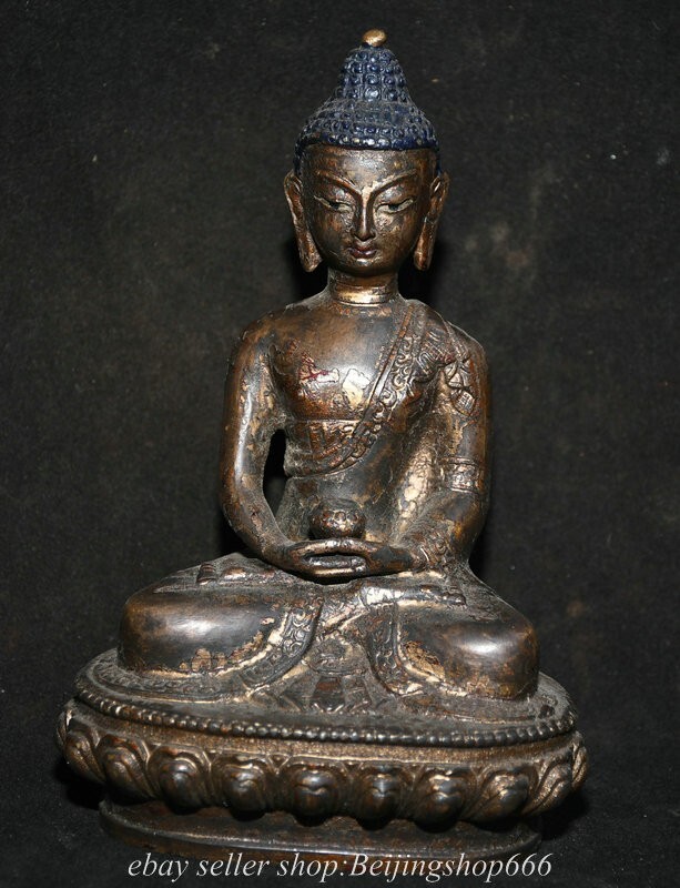 6.8" Old Chinese Copper Gild Buddhism Sit Sakyamuni Tathagata Buddha Statue