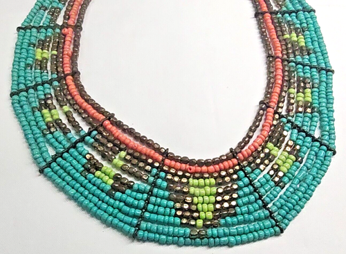 Tribal Beaded Collar Bib Necklace Multi Strand Seed Beads Southwestern Turquoise - Picture 8 of 17