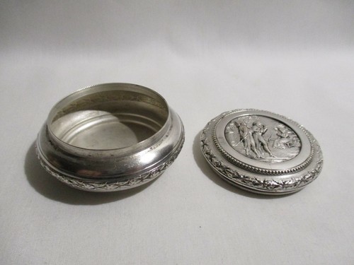 Antigua Caja Redonda Metal Plateado Escena Galante Estilo Luis XVI Old Round Box - Picture 6 of 11