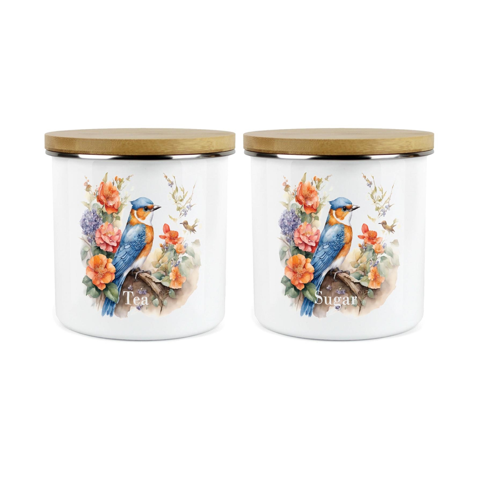 Blue Bird Tea & Sugar Canisters Set - Enamel Kitchen Storage Container
