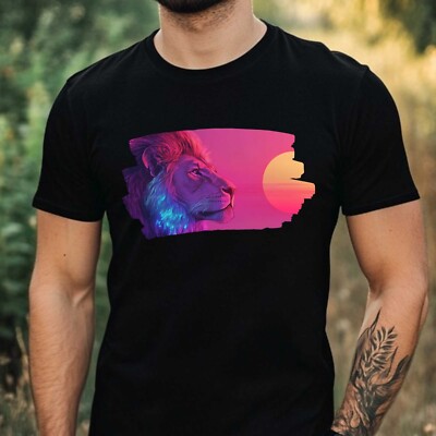 Mens Vaporwave Lion Print Cotton T-Shirt Size XS to 5XL