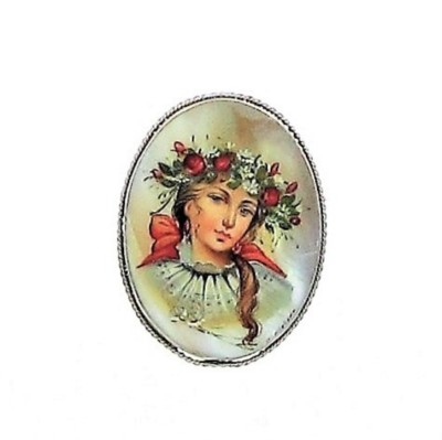 Brosche Schmuck Perlmutt Miniatur lackiert Fedoskino handbemalt signiert Portrait Brooch