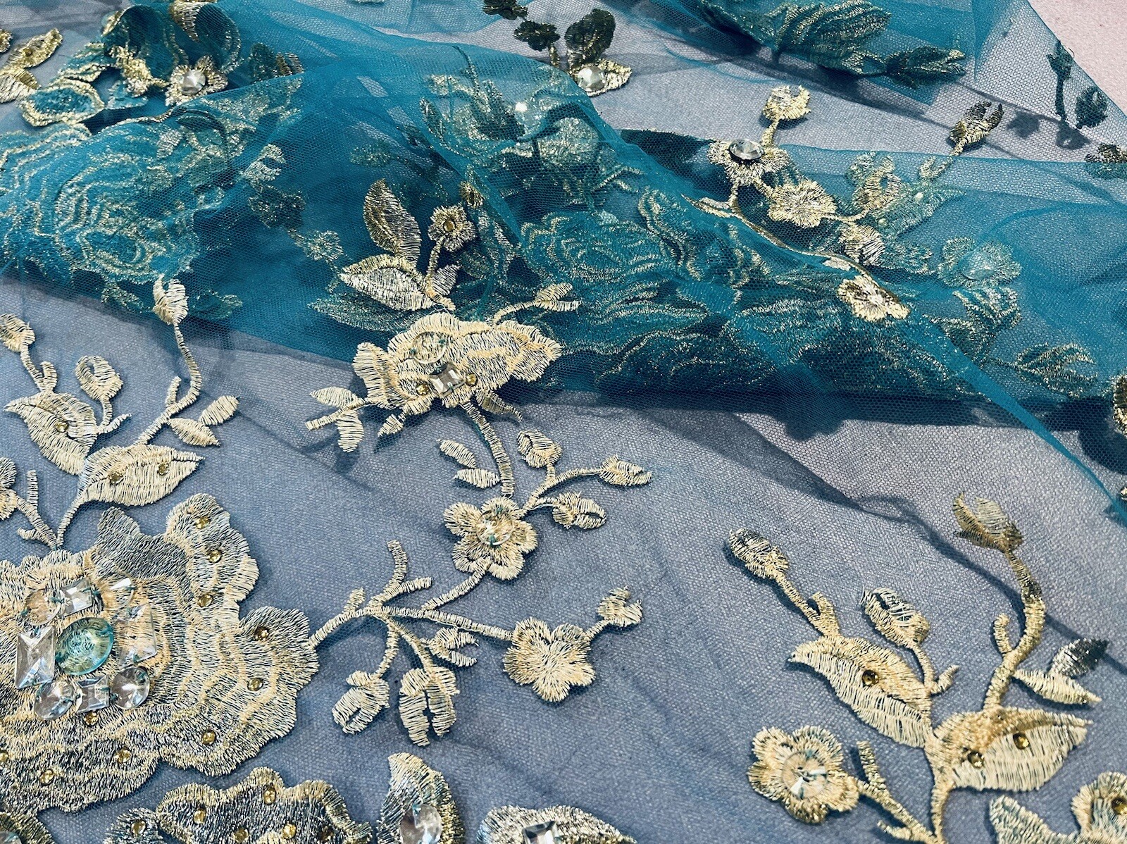 BLUE GOLD Rhinestones Embroidery Lace Fabric 50&rdquo; Width 20&rdquo; Long
