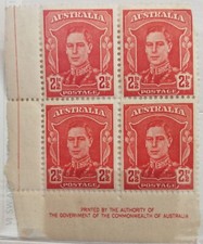 Mint Rare Block Of 4 King George VI 1942 Red 2.5d Australian stamps uncut print 
