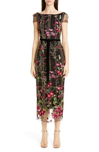 MARCHESA NOTTE Black Floral Embroidered Beaded Bow Waist Sheer Mesh Dress 16 XL - Imagen 5 de 12