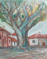 Expressionist oil painting landscape of houses signed
