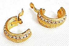 Gold Tone With 64 Clear Sapphire Rhinestones Clip On Earrings Round Huggies