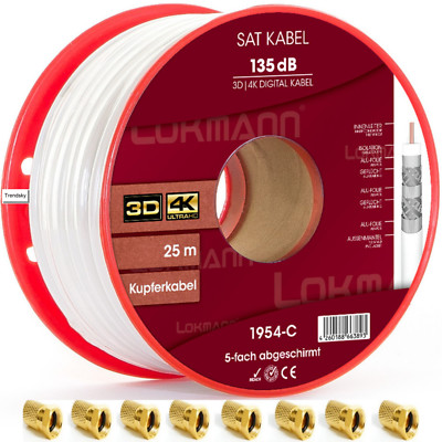 1954-C) +10x VG 25m KUPFER SAT Kabel Koaxialkabel 135dB 5-Fach U-HD 4K/8K Cable