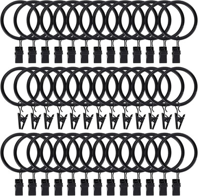 44 Pack 1.5 Inch Curtain Rings with Clips Metal Drapery Hooks Black Set