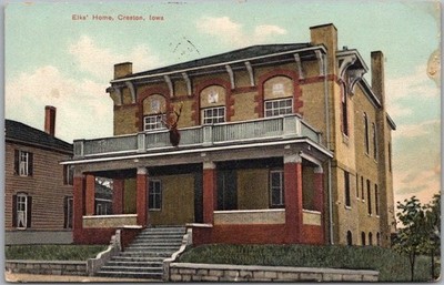 Vintage CRESTON, Iowa Postcard ''ELKS' HOME'' B.P.O.E. Lodge View / 1908 Cancel