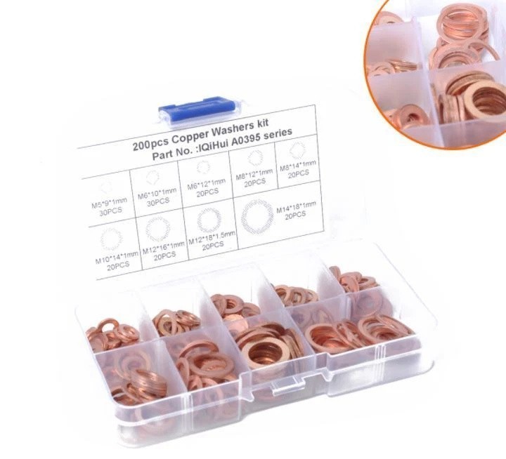 200PCS Premium Copper Metric Sealing Crush Washers Assortment Kit Flat Washer