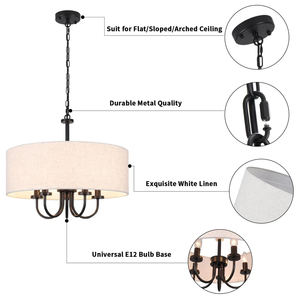 Lámpara de araña de tambor para comedor 5 luces: araña moderna de 19" con luz blanca... Foto 4 de 4