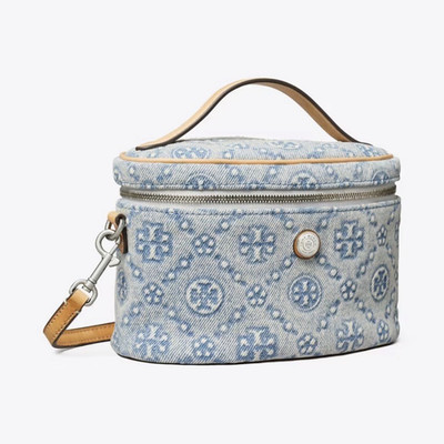 Fabric Makeup Bag Case Blue/Beige/Brown Pattern Zipper Top Handle Strap