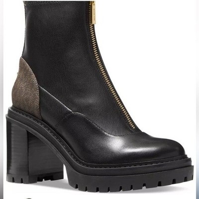 Michael Kors Cyrus Zip booties black leather brown logo-print Size 6