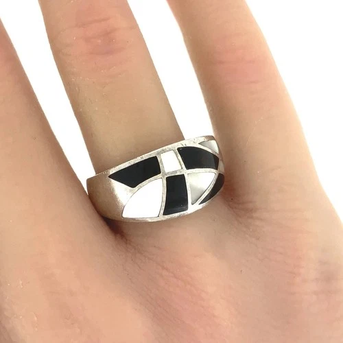 Bagley & Hotchkiss Vintage MoP, Onyx Inlay, 950 Silver Ring Sz. 8.25