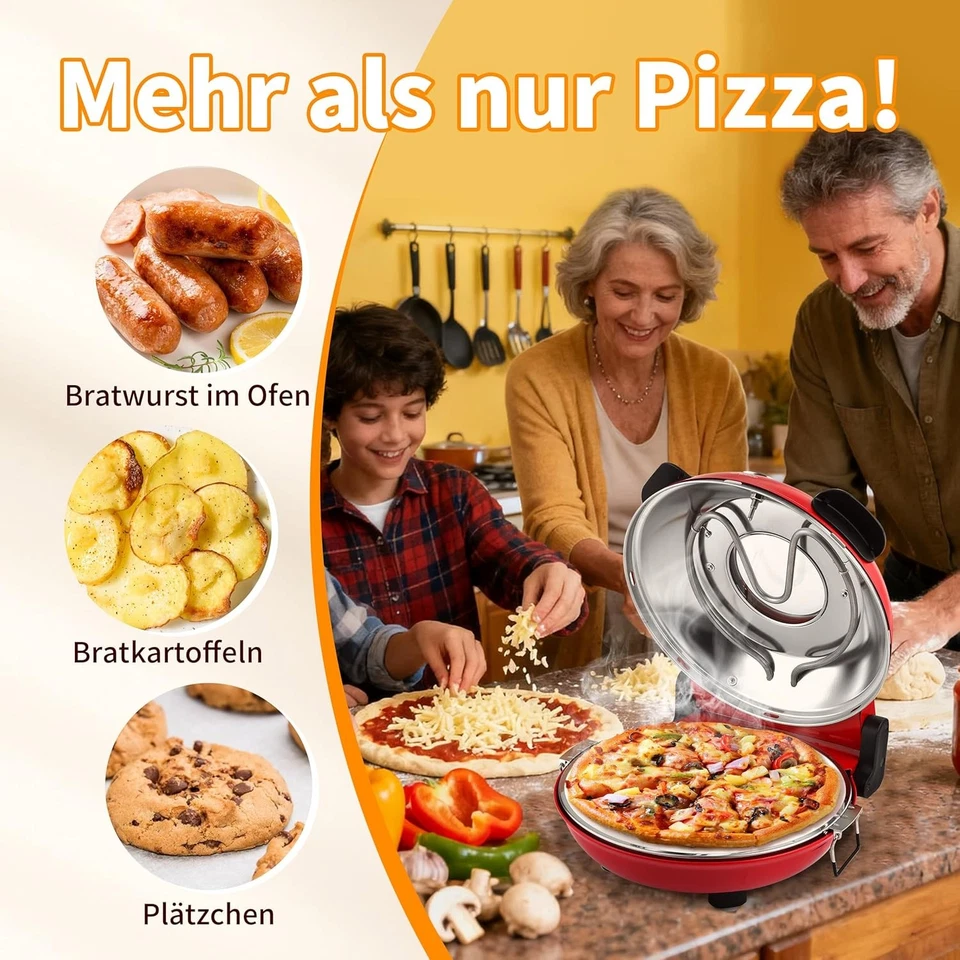 Pizza-Ofen elektrisch, 1200W in 4-Min-Pizza, 31cm Stein, Max 420℃, 5 Modis, Rot - Bild 3 von 4