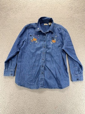 Vintage 90s Y2K Classic Elements Denim Shirt Womens 12 Embroidered Pumpkin Cat