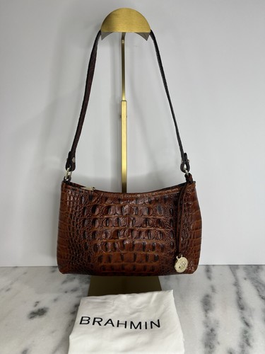 Brahmin Pecan Anytime Mini Melborne Crocodile Embossed Shoulder Bag Purse 9”x6”