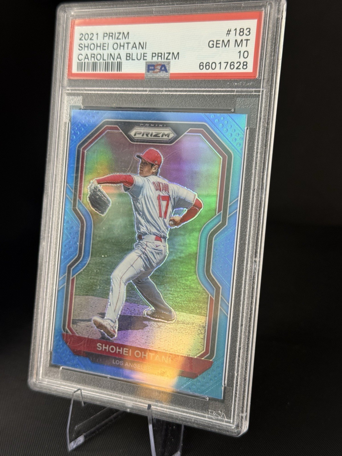 2021 PANINI PRIZM CAROLINA BLUE PRIZM #183 SHOHEI OHTANI PSA 10 POP 3 DODGERS view 2