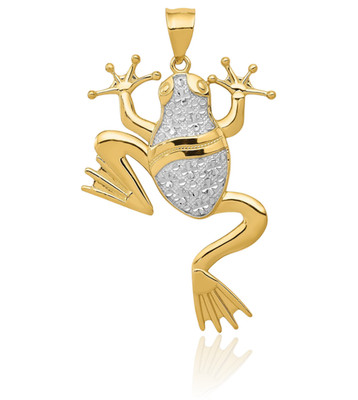 14K massives Gelbgold extra großer Frosch Anhänger Halskette 49mm 1,9 Zoll poliert