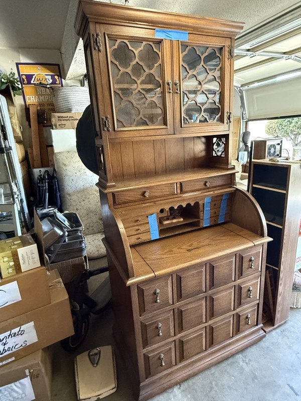 Jasper Roll Top Desk w/ Hutch Glass Doors, 11 Drawers, Brown Wood