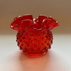 Vintage Fenton Red Small Rose Bowl Ruffle Crimp Edge Hobnail Glass  Vase