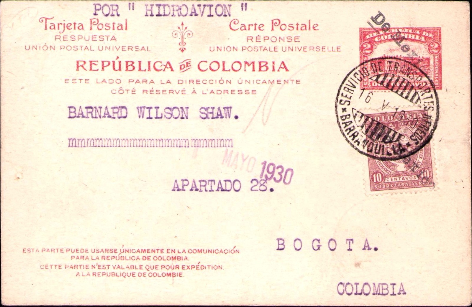 MEXICO - COLOMBIA - SCADTA - 10c POSTCARD - MONTERREY to BOGOTA - 1930 RR