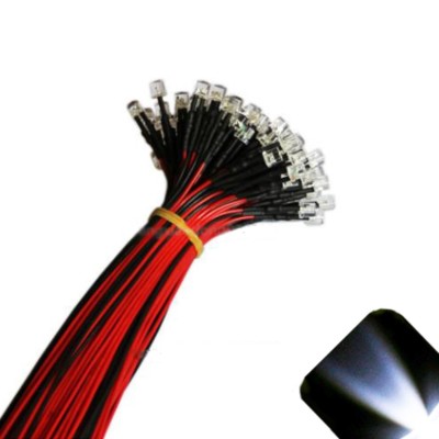 20 x 12v 5mm Flat Top Pre Wired Cool Clear White LED Wide Angle 14v 15v Prewired
