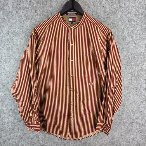 Tommy HIlfiger Shirt Mens Medium Red Striped Collarless Button Up Long Sleeve