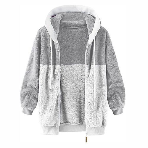 Womens Winter Fuzzy Fleece Jacket Hooded Color Block Cardigan Oversized Coats - Picture 22 of 51