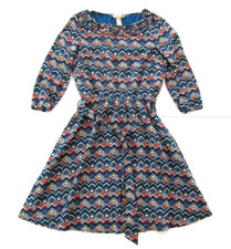 Banana Republic Blue Red Brown Geometric Retro 3/4 Sleeve Sheath Dress 0P