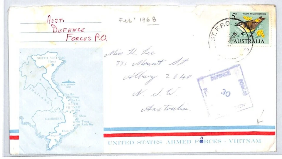 AUSTRÁLIA USADA *GUERRA DO VIETNÃ* Capa MAP Ilustrada *FPO.3* 1968 NSW XC160 - Imagem 2 de 4