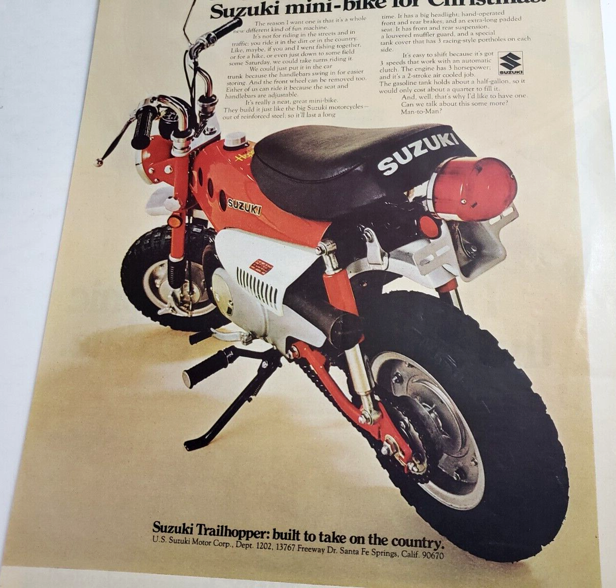 Suzuki Trailhopper Mini Bike Vintage 1970 Ad Magazine Print