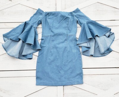 Boho Off Shoulder Bell Sleeve Vintage Denim Stretch Bodycon Mini Dress M |  eBay