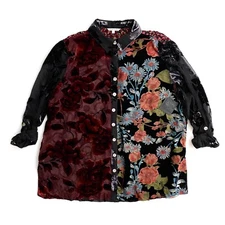 John Mark Sheer Burnout Velvet Embroidered Roll Tab Sleeve Button Front Tunic 2X