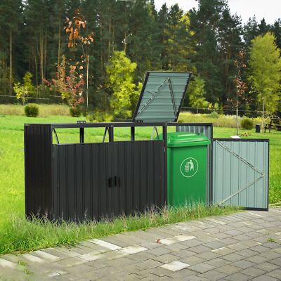 Outdoor Garden Trash Can Storage Shed Metal Garbage Bin Shed for 2/3 Trash Cans