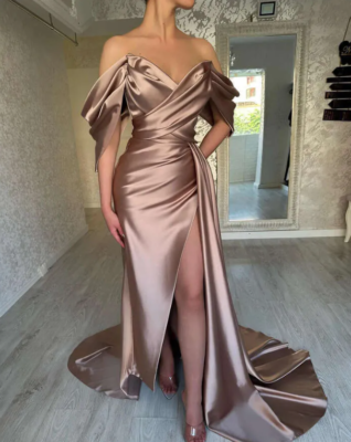 Elegant Coffee Satin Wedding Dresses Off Shoulder Pleats Split Bridal Gowns  | eBay